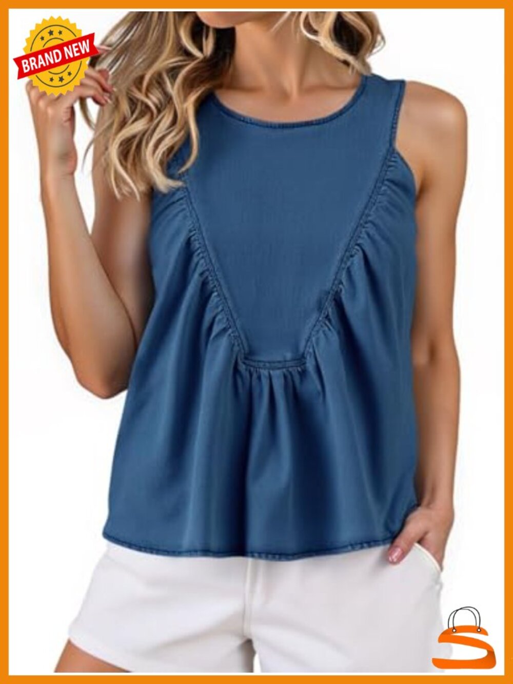 Babydoll Denim Tank Top Peplum Swing Flowy Shirred Sleeveless Loose Fit Cute Top